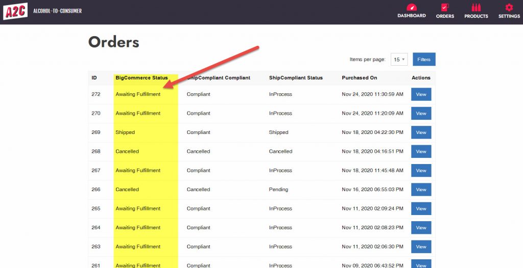 BigCommerce Status on the A2C Order Screen