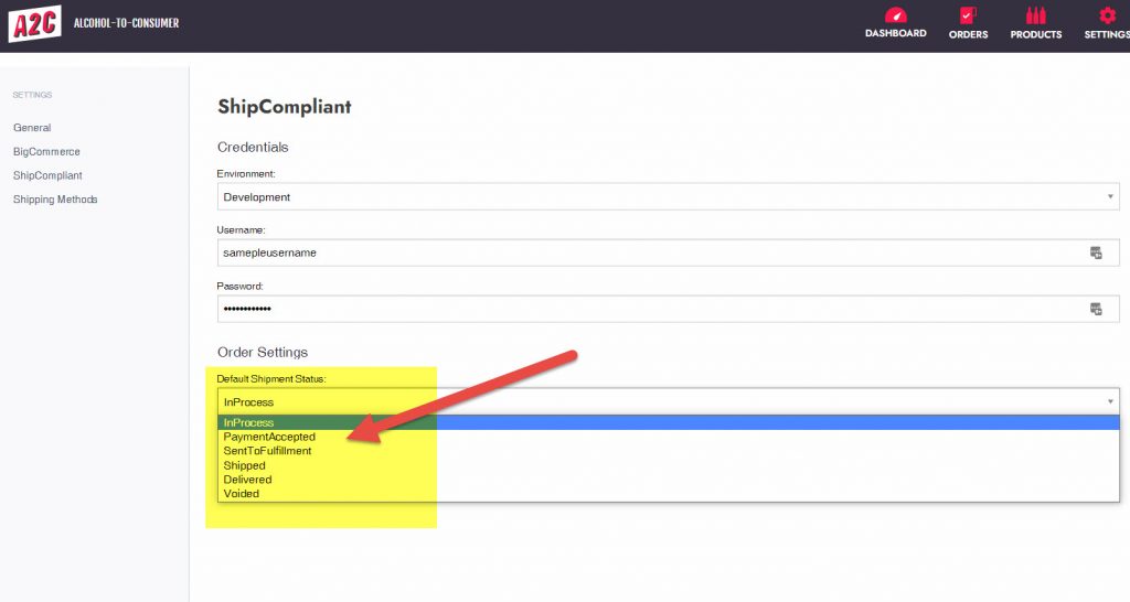 Default ShipCompliant Shipping Status in A2C