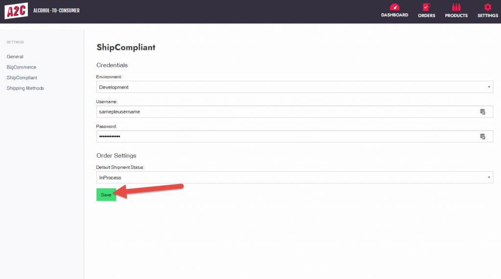 Save ShipCompliant Settings in A2C