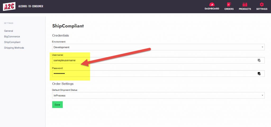 ShipCompliant Username and Password in A2C