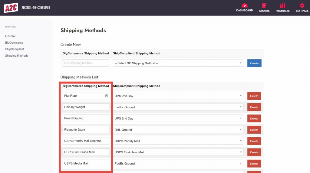 BigCommerce Shipping Method in A2C