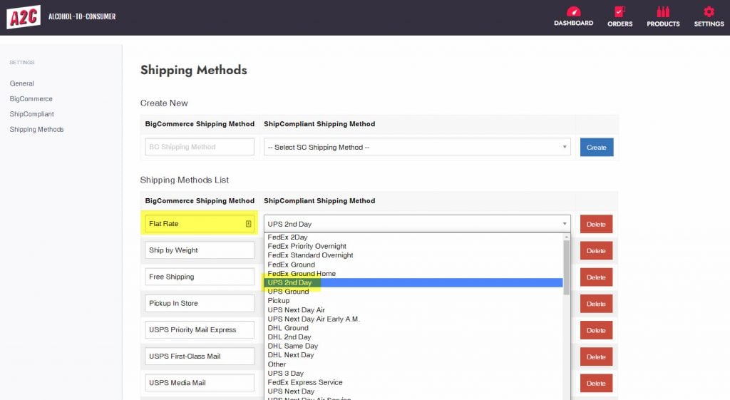 Mapping BigCommerce Shipping Methods to ShipCompliant Shipping Methods in A2C