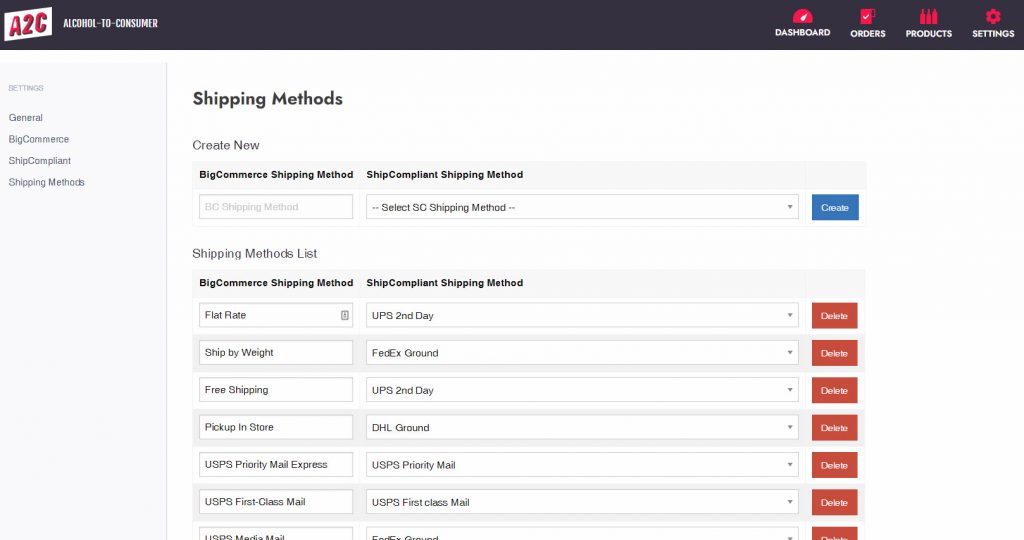 A2C Shipping Methods