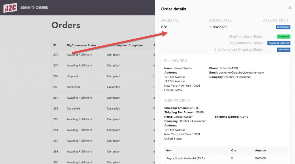 Individual Order Details on the A2C Order Screen
