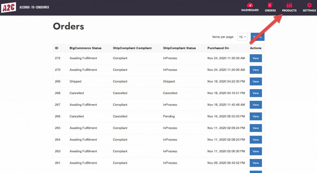 Click Products from the A2C Order Screen