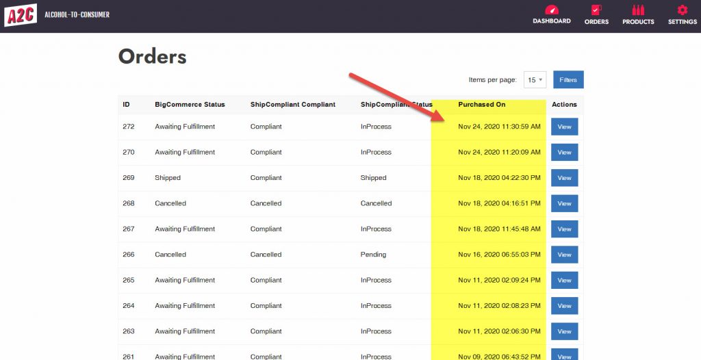 Purchase Date on the A2C Order Screen