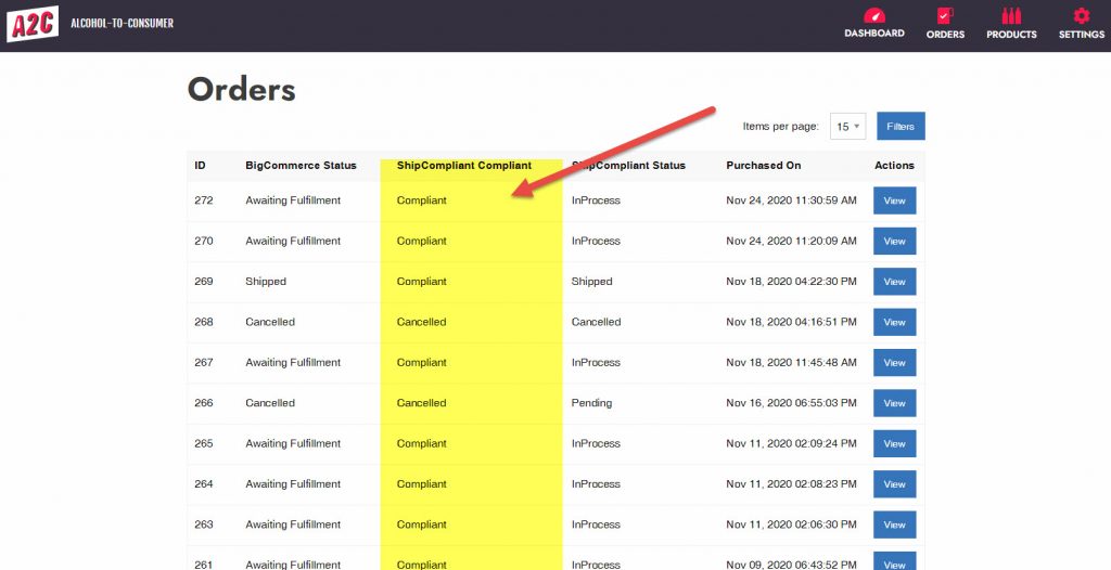 ShipCompliant Compliance Status on the A2C Order Screen