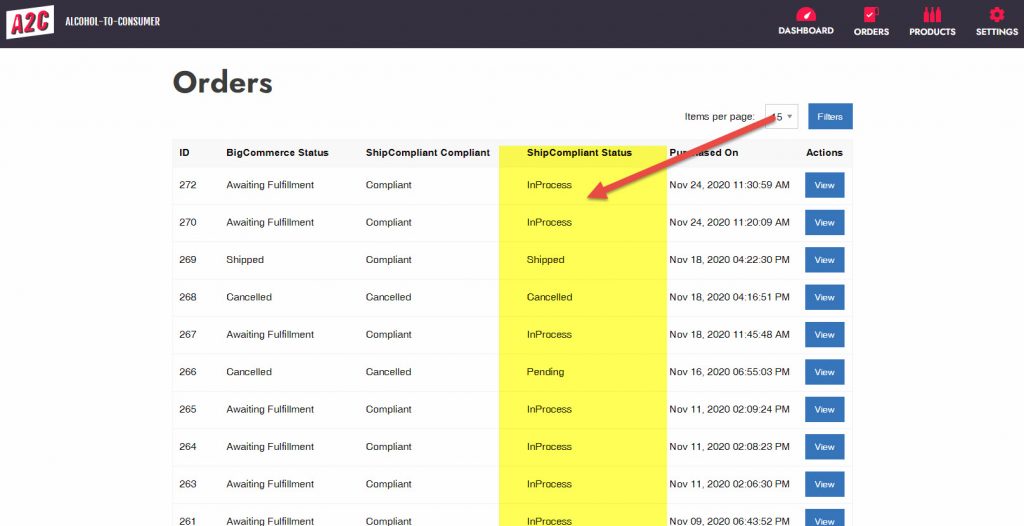 ShipCompliant Status on the A2C Order Screen